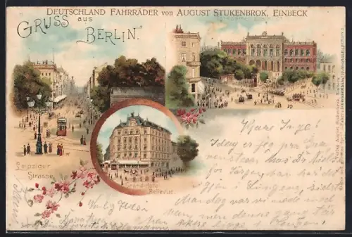 Lithographie Berlin, Leipziger Strasse, Grand-Hotel Bellevue, Stadtansichten