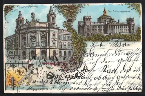Lithographie Berlin, Reichspostgebäude, Reichstagsgebäude