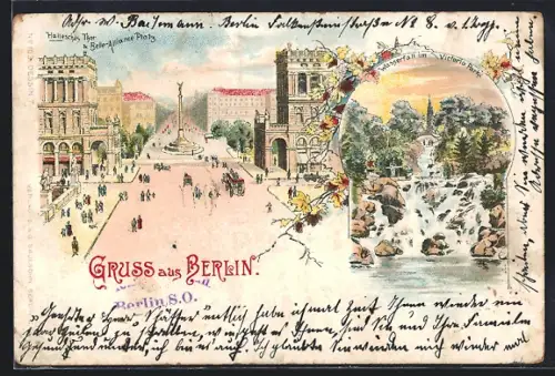 Lithographie Berlin, Hallesches Tor und Belle-Alliance-Platz, Viktoriapark