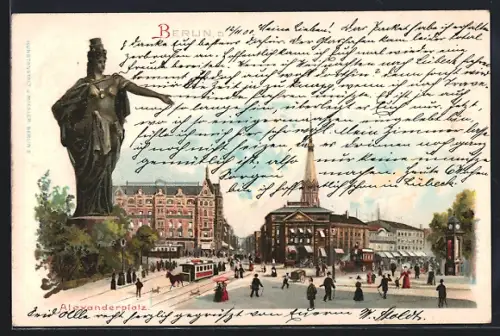 Lithographie Berlin, Alexanderplatz, Statue, Strassenbahn