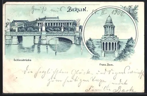 Lithographie Berlin, Schlossbrücke, Franz. Dom