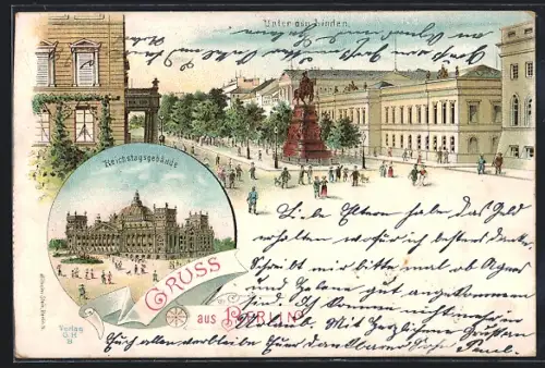 Lithographie Berlin, Unter den Linden, Reichstagsgebäude