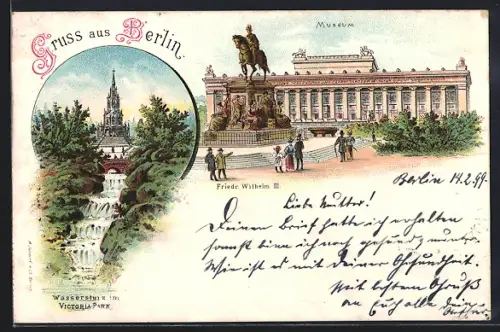 Lithographie Berlin-Kreuzberg, Museum, Friedr. Wilhelm III., Wasserfall im Viktoriapark