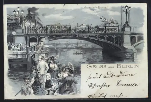 Lithographie Berlin, Jannowitz-Brücke, Dampfschiff, Strassenbahn