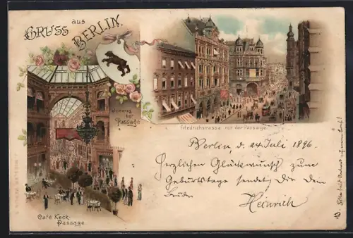 Lithographie Berlin, Friedrichstrasse mit der Passage, Café Keck, Inneres der Passage