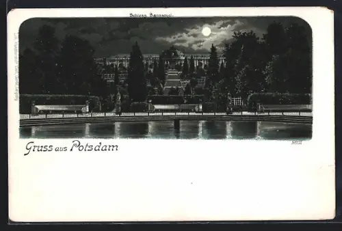 Lithographie Potsdam, Schloss Sanssouci bei Nacht