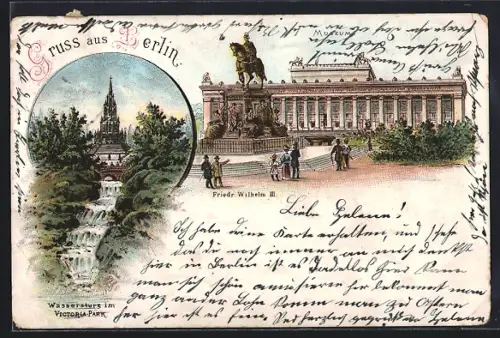 Lithographie Berlin, Nationaldenkmal Friedrich Wilhelm III. am Alten Museum, Wasserfall im Viktoria-Park
