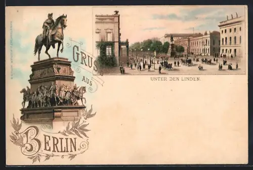 Lithographie Berlin, Reiterstandbild, Unter den Linden