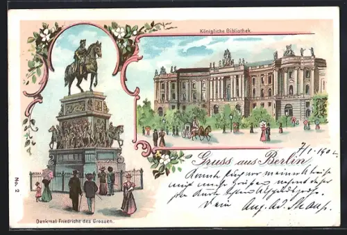 Lithographie Berlin, Königliche Bibliothek, Denkmal Friedrichs des Grossen