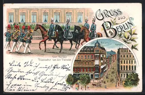 Lithographie Berlin, Rückkehr von der Parade, Café Bauer und Kranzler