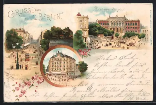 Lithographie Berlin, Potsdamer Bahnhof, Leipziger Strasse, Hotel Bellevue, Strassenbahn