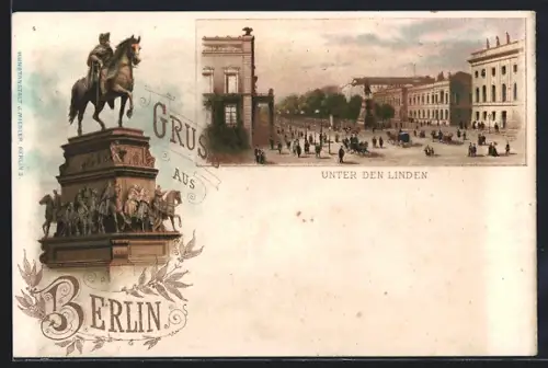 Lithographie Berlin, Unter den Linden, Denkmal Friedrich d. G.