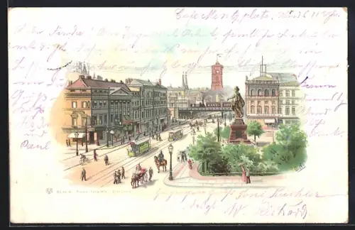 Lithographie Berlin, Alexanderplatz, Strassenbahn, Berolina