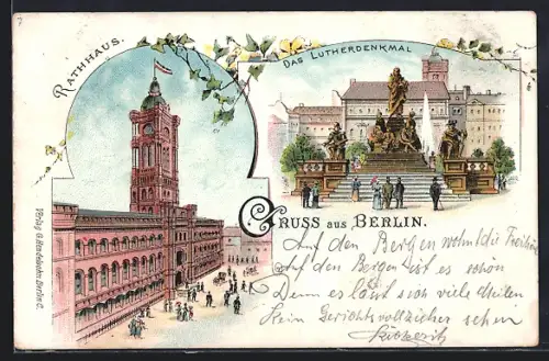 Lithographie Berlin, Rathaus, Lutherdenkmal, Neuer Markt