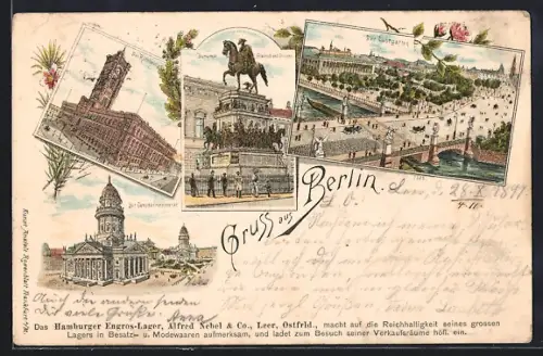 Lithographie Berlin, Rotes Rathaus, Gendarmenmarkt, Dom, Lustgarten