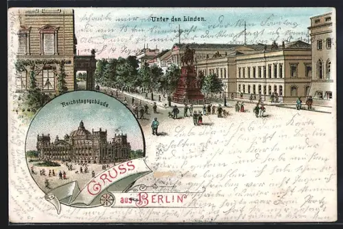 Lithographie Berlin, Unter den Linden, Reichstagsgebäude