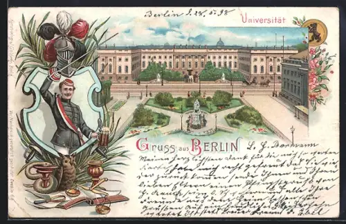 Lithographie Berlin, Universität, Hauptgebäude, Brunnen, Student mit Degen