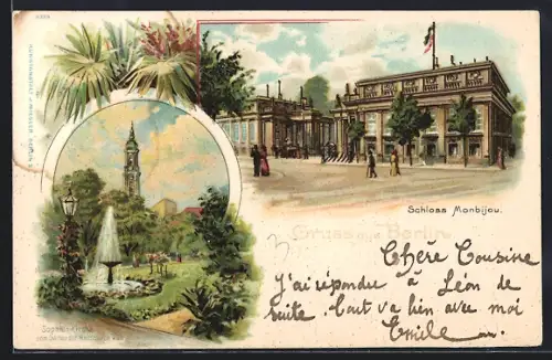 Lithographie Berlin, Schloss Monbijou, Sophienkirche vom Garten der Reichsbank, Jägerstrasse