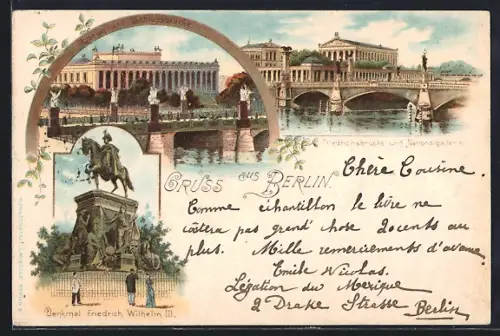Lithographie Berlin, Friedrichsbrücke, Nationalgalerie, Denkmal Friedrich Wilhelm III