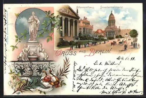 Lithographie Berlin, Schauspielhaus, Gendarmenmarkt, Schiller-Denkmal