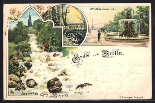 Lithographie Berlin, Wasserfall im Victoria-Park, Wrangelbrunnen