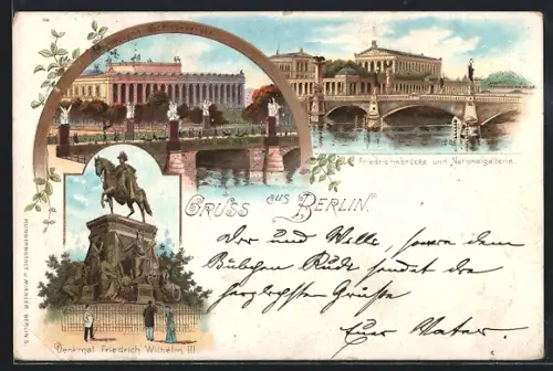 Lithographie Berlin, Friedrichsbrücke, Nationalgalerie, Denkmal Friedrich Wilhelm III