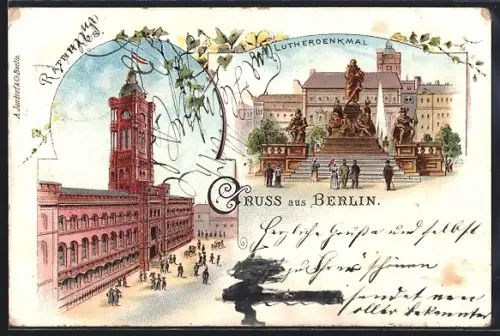 Lithographie Berlin, Rotes Rathaus, Lutherdenkmal, Neuer Markt