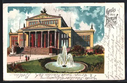 Lithographie Berlin, Kgl. Schauspielhaus, Brunnen, Gendarmenmarkt