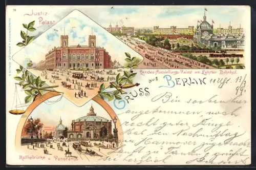 Lithographie Berlin-Tiergarten, Justizpalast, Landes-Ausstellungs-Palast am Lehrter Bahnhof, Moltkebrücke und Panorama