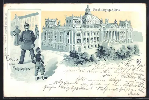 Lithographie Berlin-Tiergarten, Reichstagsgebäude, Polizist und Kind