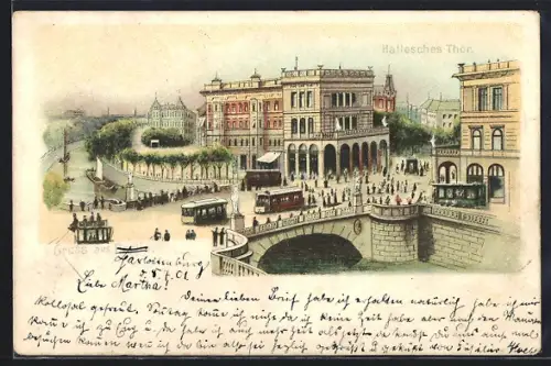 Lithographie Berlin-Kreuzberg, Hallesches Thor, Brücke, Strassenbahn