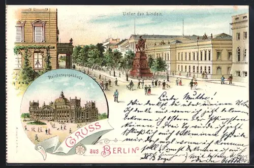Lithographie Berlin, Unter den Linden, Reichstagsgebäude