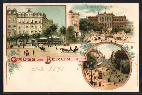 Lithographie Berlin, Cafe Josty, Potsdamer Bahnhof, Strassenbahn