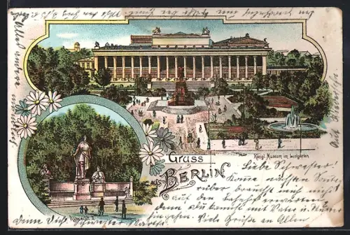 Lithographie Berlin, Königl. Museum im Lustgarten, Denkmal, Brunnen