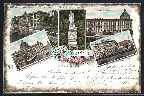 Lithographie Berlin, Königl. Schloss, Königin Louise-Denkmal, Café Helms, Kurfürstenbrücke