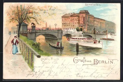 Lithographie Berlin-Moabit, Spreehallen, Moabiter Brücke, Dampfschiff