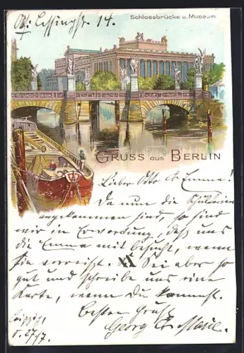 Lithographie Berlin, Schlossbrücke und Museum, Spree