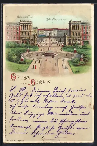 Lithographie Berlin, Belle-Alliance-Platz, Hallesches Thor, Platzansicht mit Brunnen