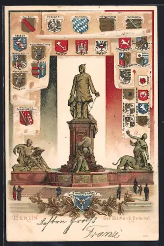 Lithographie Berlin, Bismarck-Denkmal mit Wappen