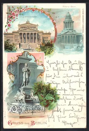 Lithographie Berlin, Königliches Schauspielhaus, Französischer Dom, Schiller-Denkmal, Gendarmenmarkt