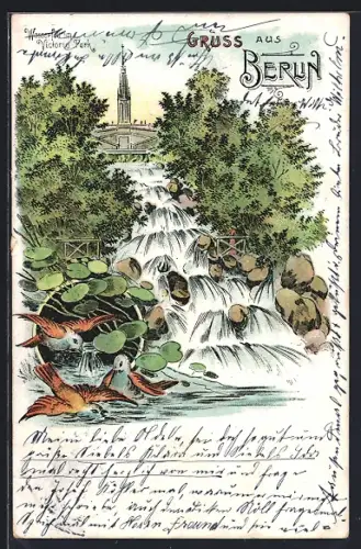 Lithographie Berlin-Kreuzberg, Wasserfall im Victoria-Park, Kirche im Hintergrund