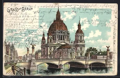 Lithographie Berlin, Dom, Brücke, Spree
