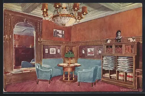 Künstler-AK Leipzig, Hotel Hauffe, Lesezimmer