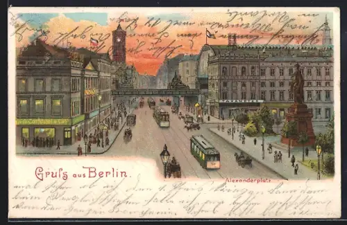 Lithographie Berlin, Alexanderplatz, Strassenbahn und Café