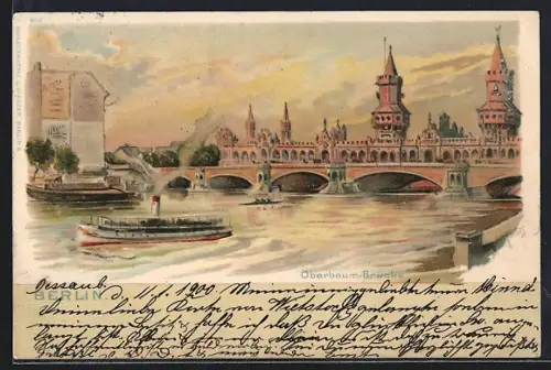 Lithographie Berlin-Friedrichshain, Oberbaum-Brücke, Spree, Dampfschiffe