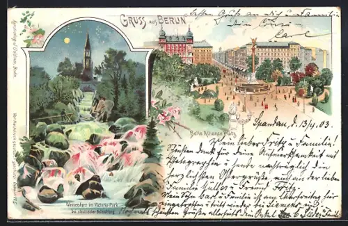 Lithographie Berlin, Belle-Alliance-Platz, Wasserfall im Viktoria-Park