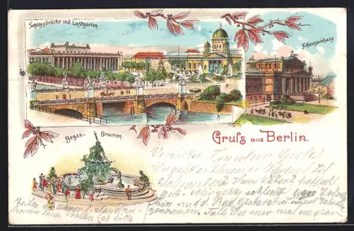 Lithographie Berlin, Schlossbrücke und Lustgarten, Schauspielhaus, Begas-Brunnen