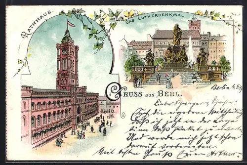 Lithographie Berlin, Rathaus, Lutherdenkmal, Neuer Markt