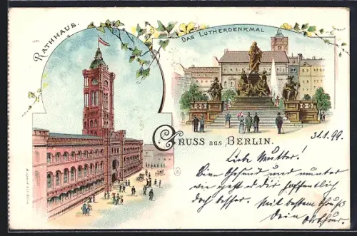 Lithographie Berlin, Rathaus, Lutherdenkmal, Neuer Markt
