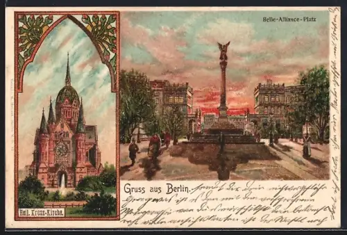 Lithographie Berlin-Kreuzberg, Belle-Alliance-Platz, Heil.-Kreuz-Kirche